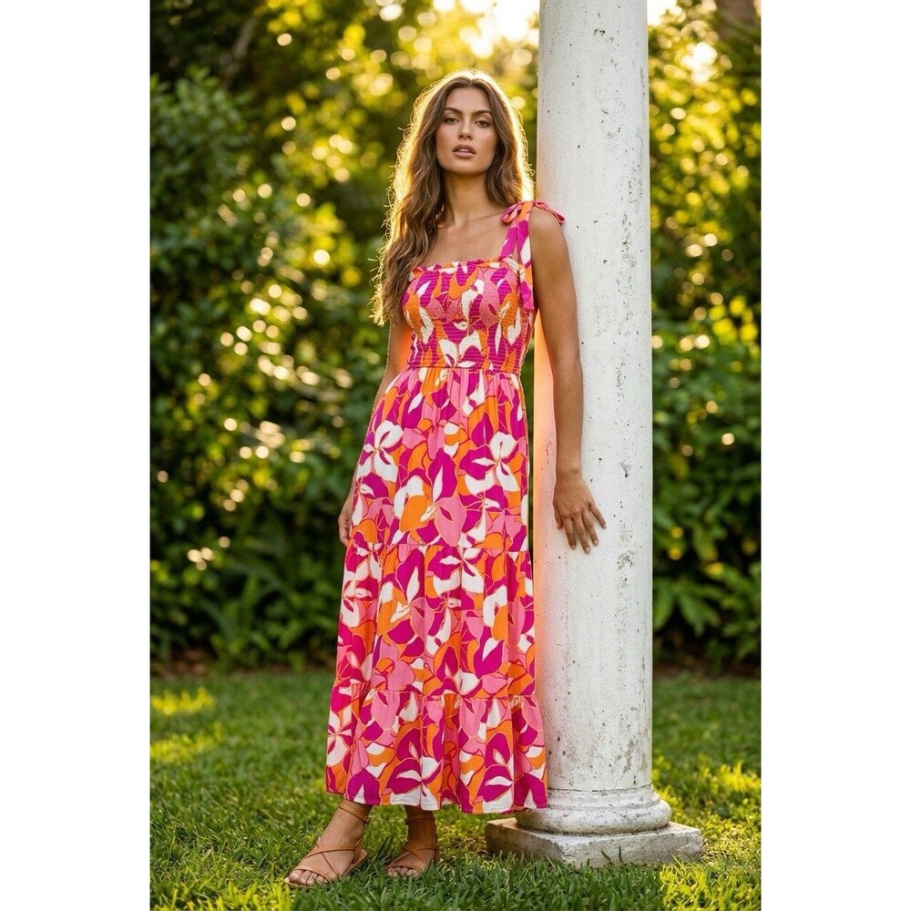 Japna Abstract Pink Floral Boho-style Tiered Dress Tie Shoulder Smocked Bodice S